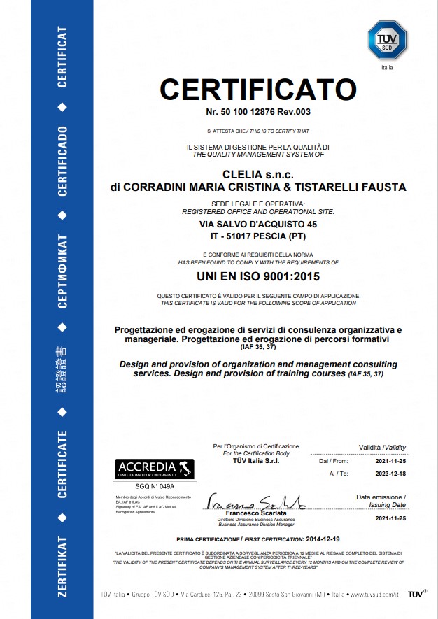 Certificato qualità Clelia Consulting